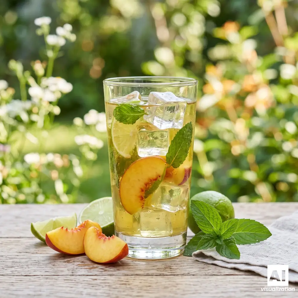 Hideg zöld tea őszibarackkal, lime-mal, mentával és jégkockákkal.