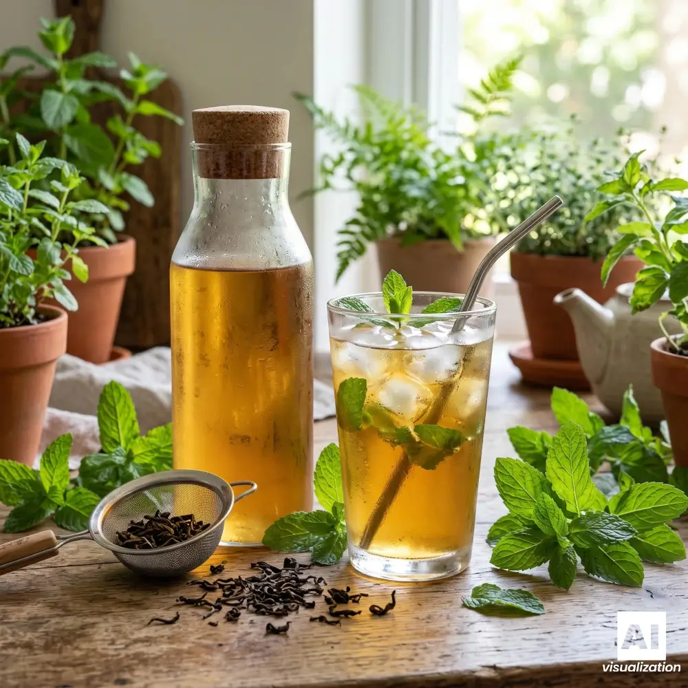 Egy pohárban hidegen főzött tea mentával és jéggel, mellette egy üveg tea.