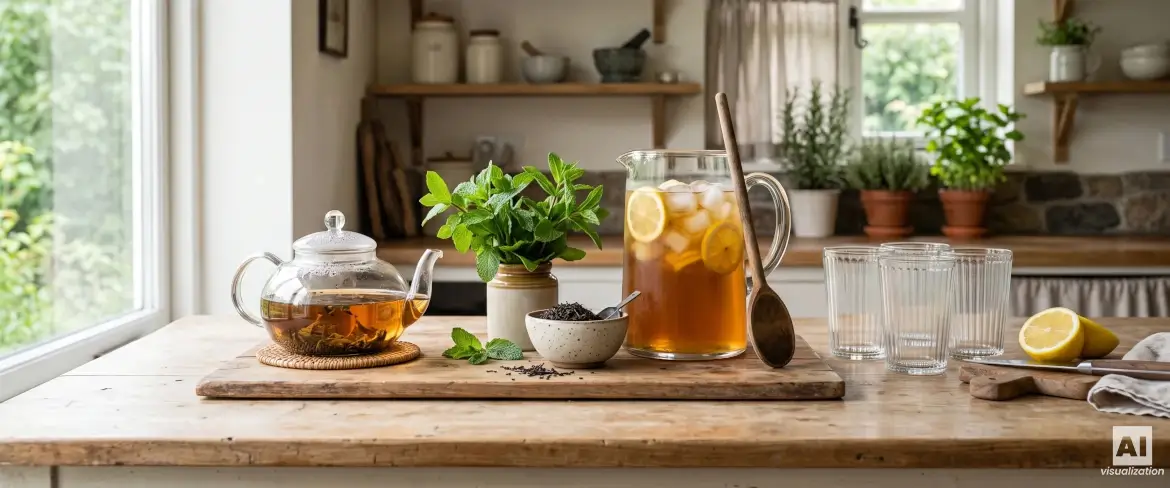 Különböző fajta szálas teák kis tálkákban egy pohár jeges tea mellett.