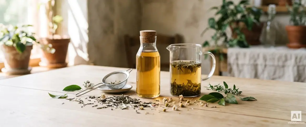 Hidegen főzött tea egy üvegkancsóban és egy palackban, tealevelekkel és szűrővel.