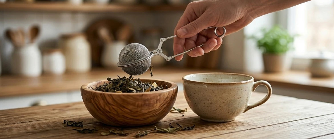 Egy acélból készült, fogó alakú teaszűrő, amellyel laza tealeveleket merünk ki egy fa tálból