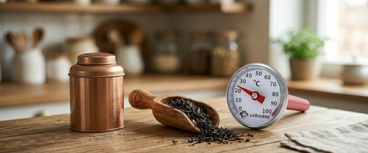 A teázáshoz elengedhetetlen kellékek: egy fém teásdoboz, egy fából készült, szálas teával teli mérőkanál és egy teahőmérő