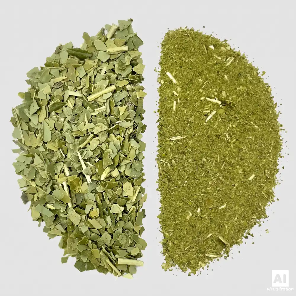 A zöld, „despalada” yerba mate és a finoman őrölt chimarrão összehasonlítása.