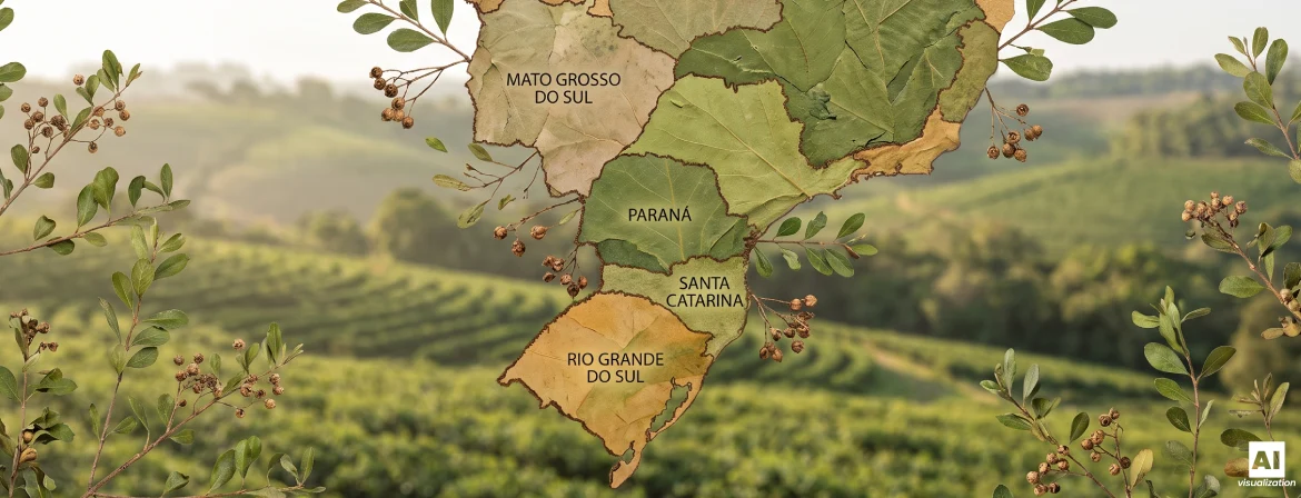 A brazíliai yerba mate-termőterületek térképe ültetvények és yerba mate-levelek előtt.