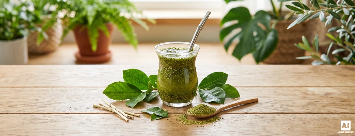 Üvegedény brazil zöld yerba mate-tal, yerba mate-levelekkel és egy kanálon fekvő zöld, szárított levéllel.