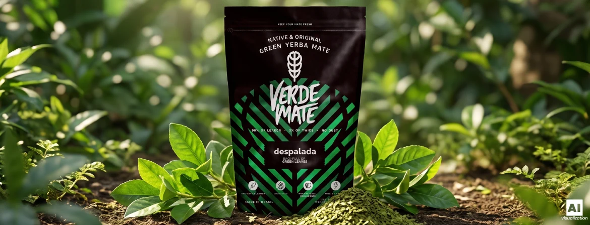 Verde Mate Green Despalada doypack csomagolás friss levelek és szárított zöld yerba mate között.