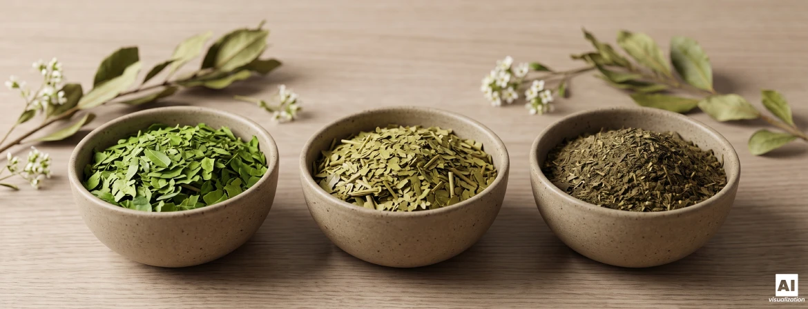 Három tálka yerba mate szárított levél, különböző színnel, őrlési finomsággal és erősséggel.
