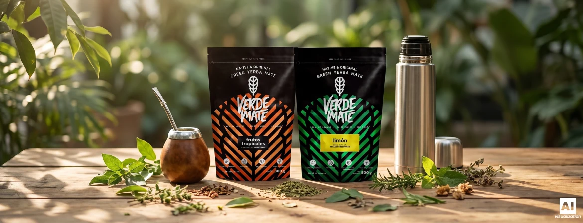 Készlet brazil yerba mate főzéséhez, amely tartalmaz egy mate-tököt, egy bombillát, egy termoszpalackot és Verde Mate doypack csomagokat.