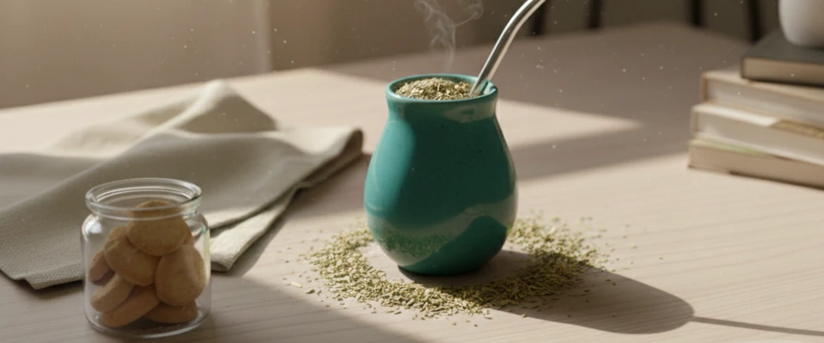 Modern kerámia mate-tök yerba mate-val és bombillával – yerba mate-tartó meleg fényben
