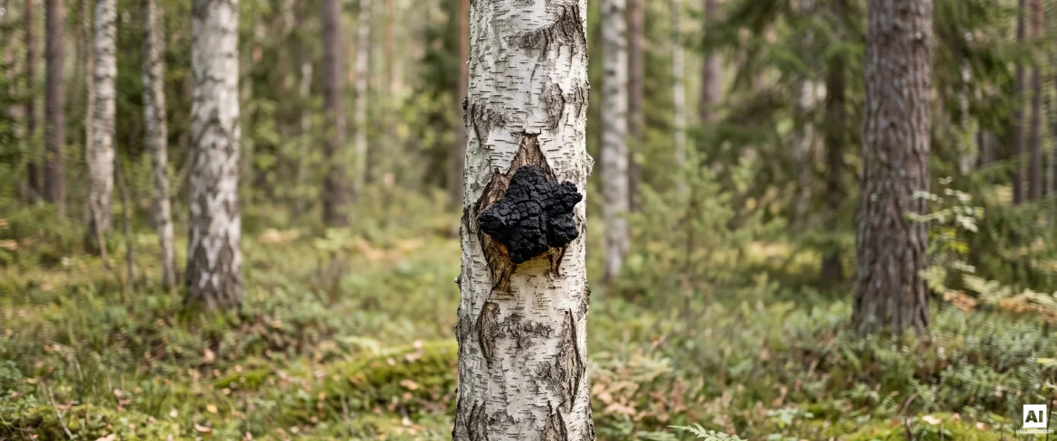 Fekete chaga egy északi erdőben, egy nyírfa törzsén.