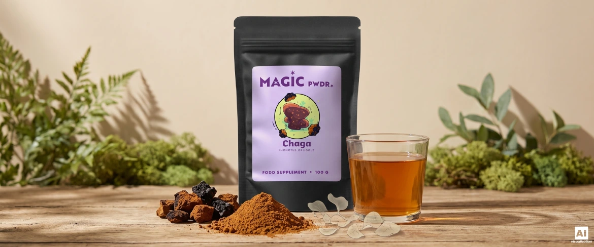 Chaga-por kivonat, szárított gombadarabok és egy főzet a Magic Pwdr doypack mellett.