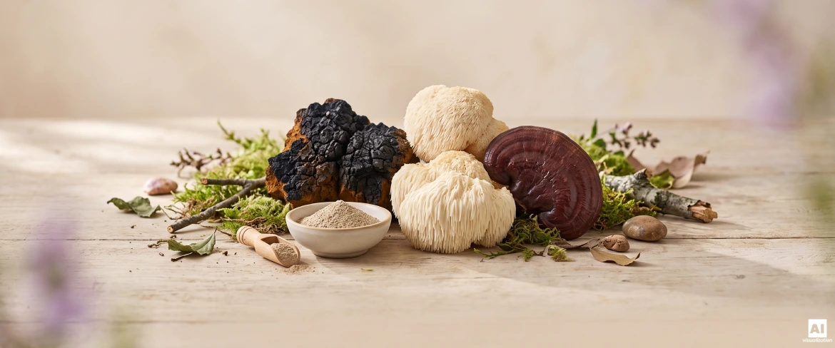 A chaga, az oroszlánsörény és a reishi, mint funkcionális gombák példái.