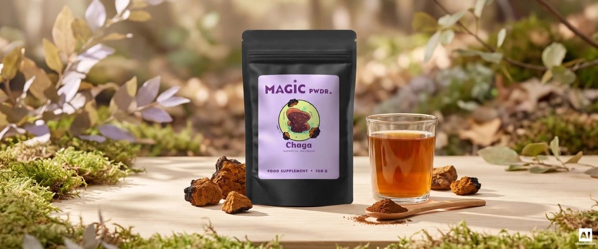 Magic Pwdr Chaga doypack csomag, kivonatpor, szárított gombadarabok és egy főzet.