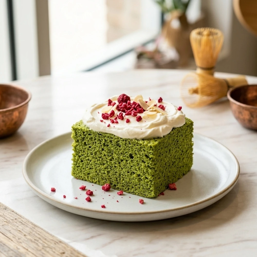 Puha matcha torta mascarpone krémmel, tejszínnel és fagyasztva szárított málnával díszítve