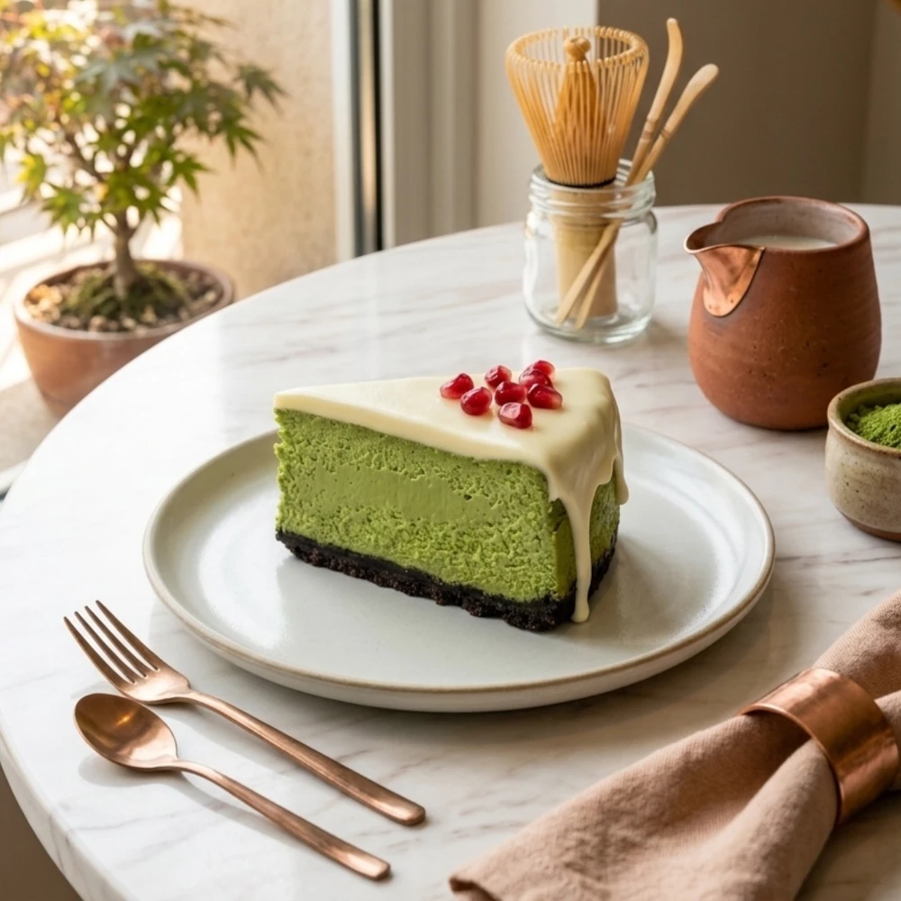 Krémes matcha sajttorta fehér csokoládéval és gránátalmamagokkal, könnyű tésztán