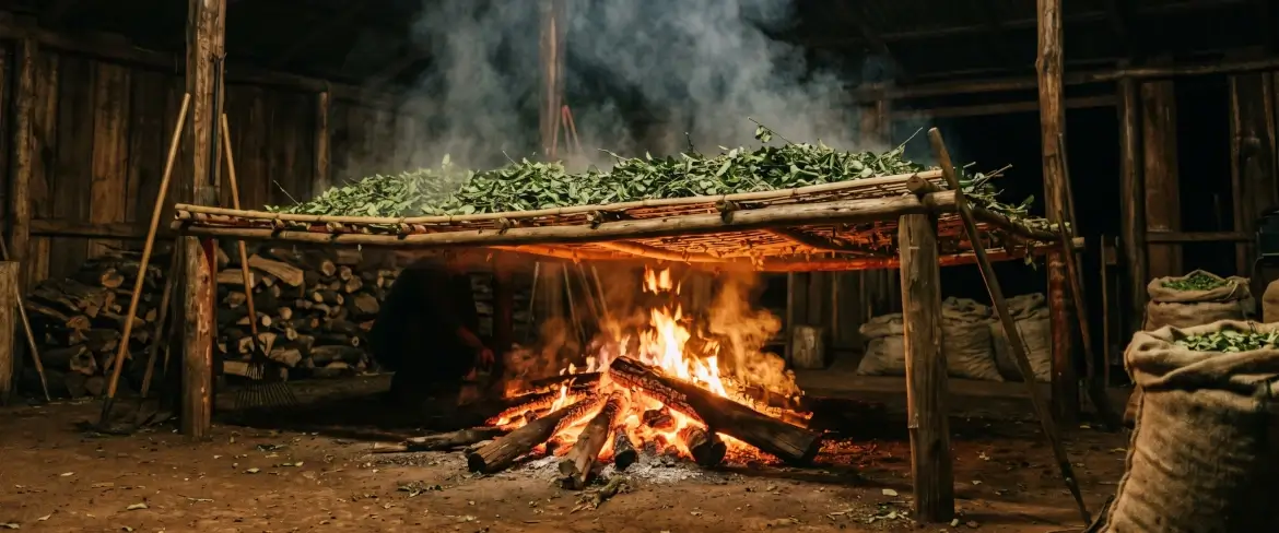 A levelek barbacuá-tűz felett történő hagyományos szárítási módszere, amely a paraguayi yerba mate-nak füstös ízvilágát kölcsönzi.