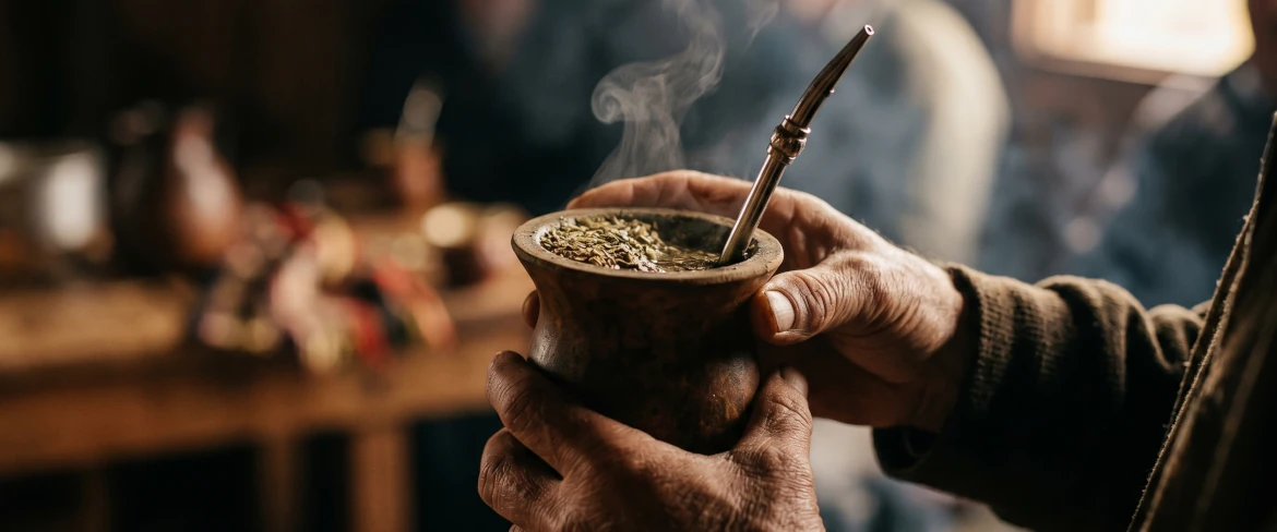 Kezek, amelyek egy forró mate-főzetet tartalmazó mate-tököt tartanak – a legerősebb yerba mate íze, melegsége és élénkítő hatása.