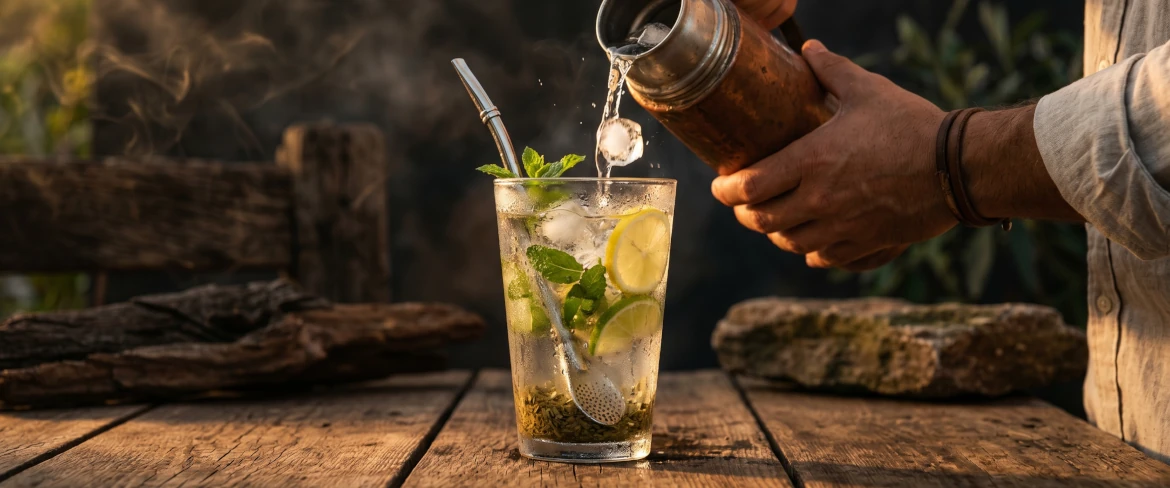 Frissítő tereré jéggel és mentával, klasszikus paraguayi yerba mate-ból készítve.