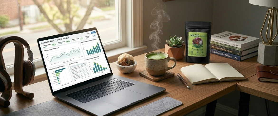 Modern munkakörnyezet laptopmal és a koncentrációt elősegítő itallal, amely funkcionális gombákból nyert kivonatból készül