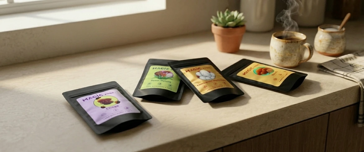 A konyhai pulton elhelyezett gomba-kiegészítők, amelyek a Magic Pwdr teljes termékválasztékát bemutatják, beleértve a reishi, a chaga és az oroszlánsörény gombát