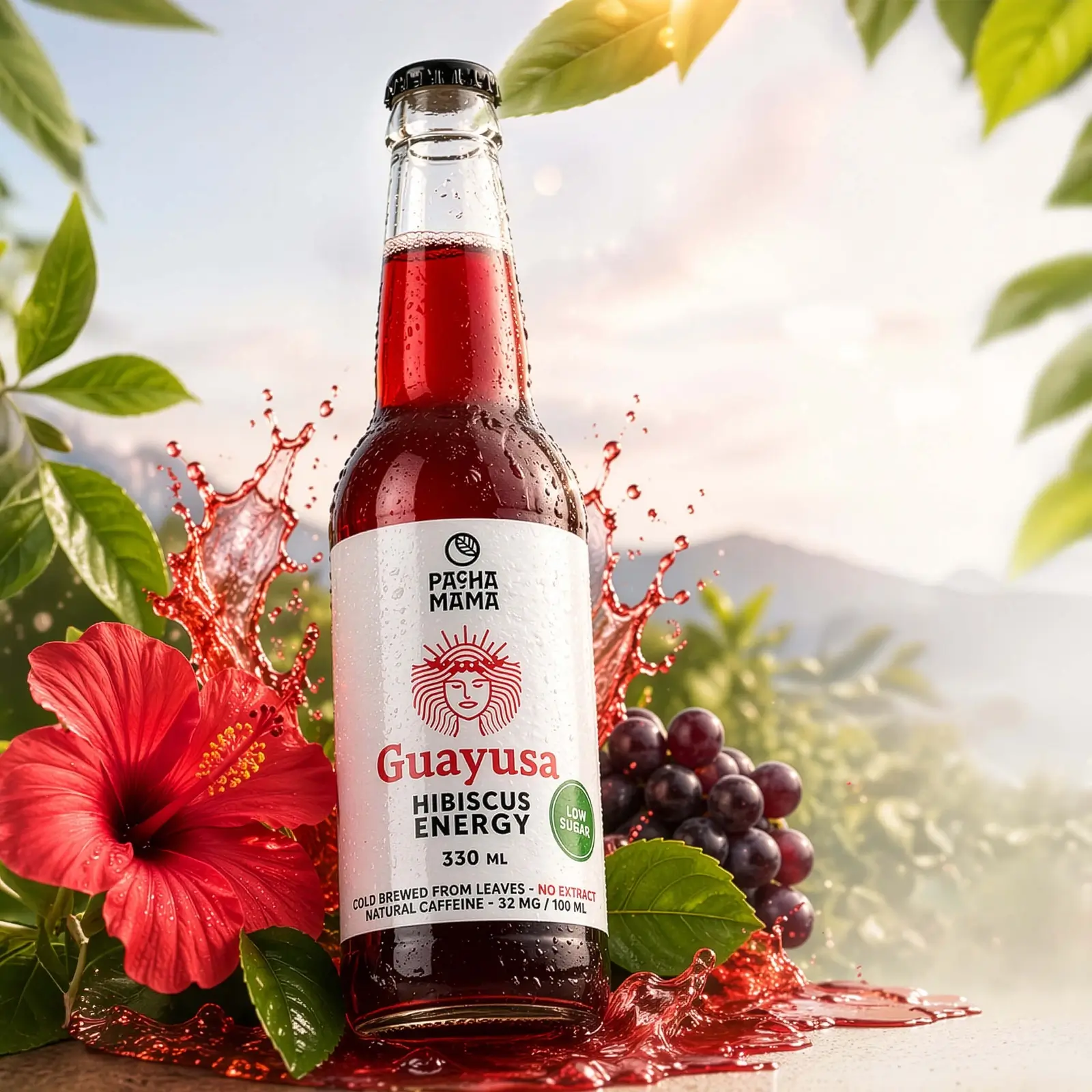 Guayusa Pachamama hidegen főzött hibiszkuszos energiaital palackban