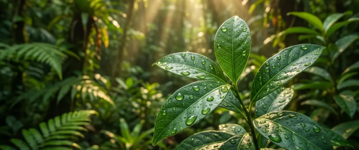 Friss Ilex guayusa levelek az amazóniai esőerdőben, amelyeket guayusa-tea elkészítéséhez használnak.
