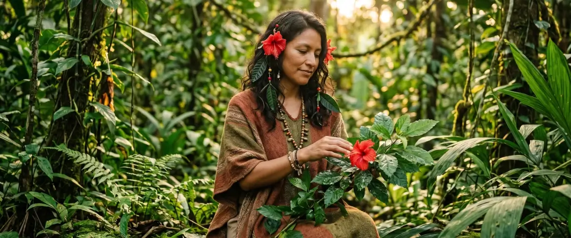 Egy andoki istennőt megtestesítő nő, akit az amazóniai természet és a hibiszkuszvirágok vesznek körül – ez a Pachamama guayusa fenntartható filozófiájának szimbóluma.