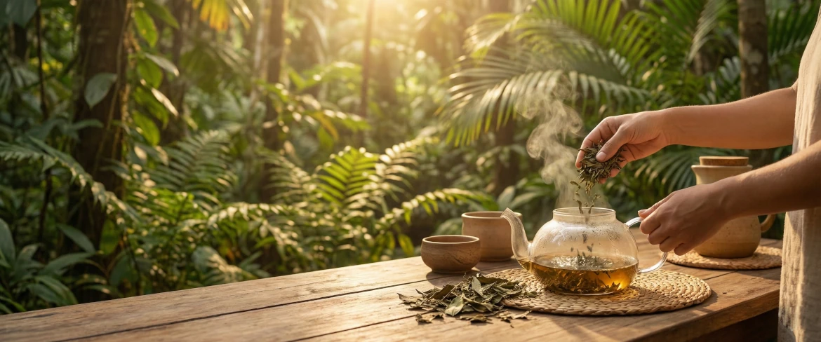 Guayusa tea elkészítése – egy csésze Ilex guayusa levelekből készült infúzió