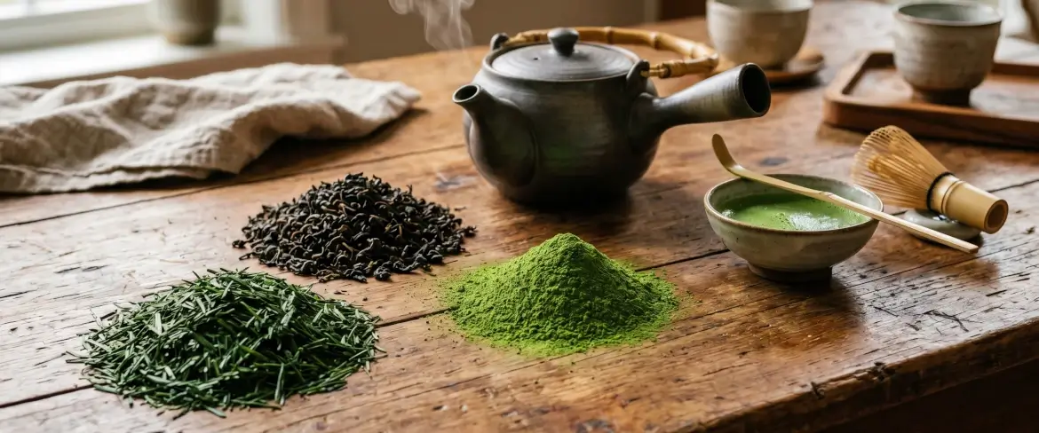 Fából készült asztalon szétterített tealevelek: kínai zöld tea, porított japán matcha és tekercselt indiai fekete tea.