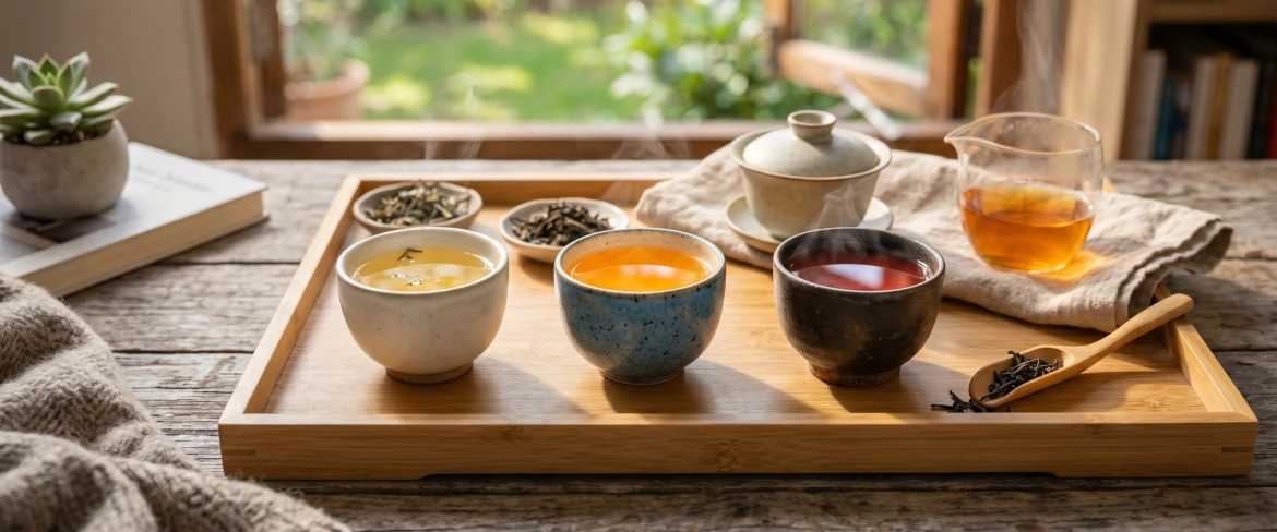 Három csésze forró tea egy bambusz tálcán, amelyek különböző teafajtákat képviselnek: finom kínai tea, friss japán tea és erőteljes indiai tea.