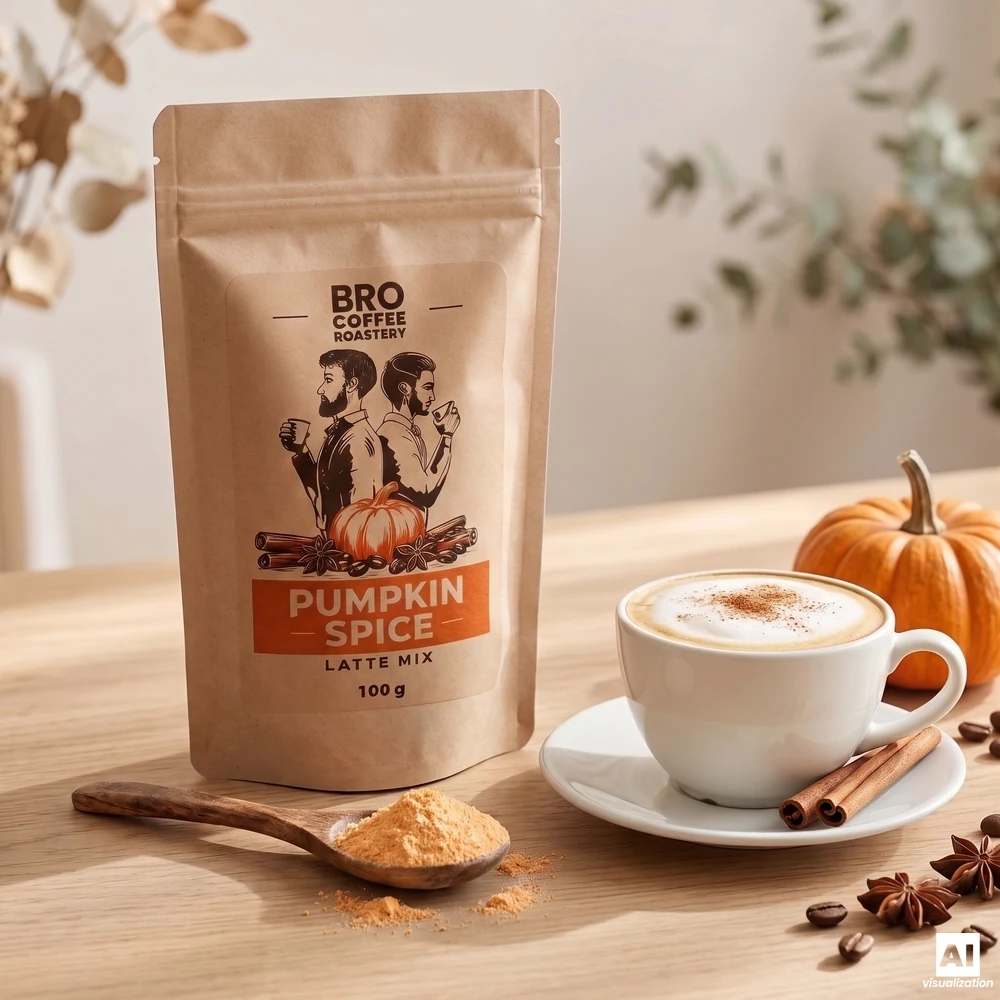 Bro Coffee Roastery Pumpkin Spice Latte Mix: egy fakanál, benne sütőtökporral, és egy csésze, fahéjjal megszórt latte.