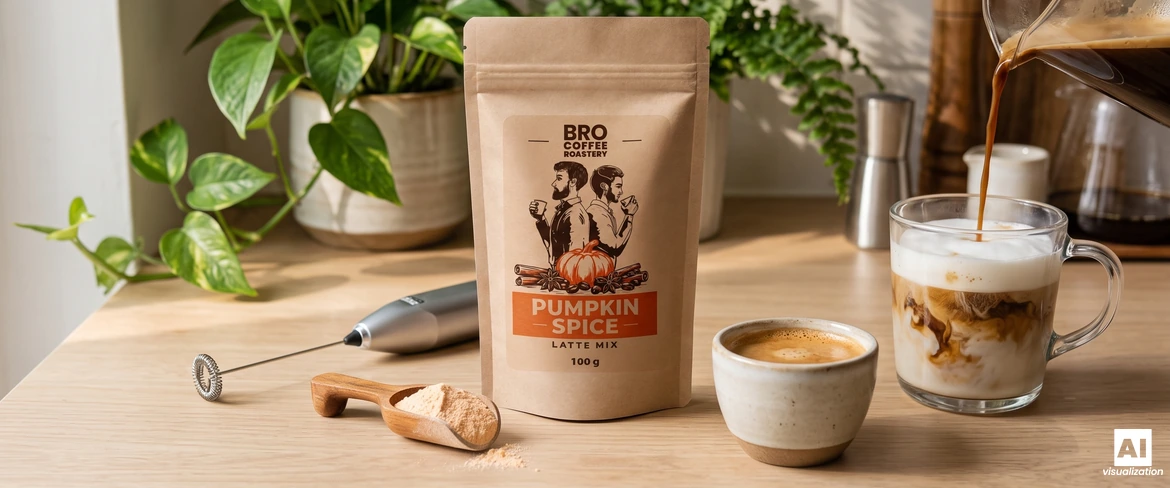 Bro Coffee Roastery Pumpkin Spice Latte keverék, egy tejhabosító és egy pohárba öntött eszpresszó tejhabbal.