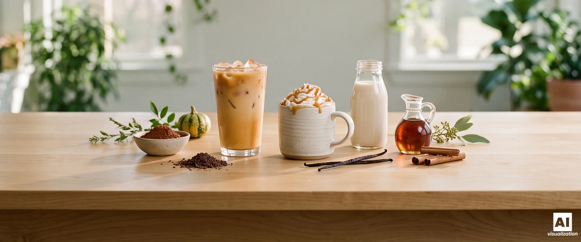 Jégkávé tökkel, jéggel, és forró tökös latte karamellával, mellette egy növényi alapú ital, juharszirup, kakaó és vanília.