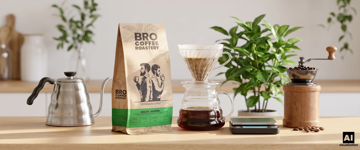 Bro Coffee Roastery „Brazil Samba” kávé egy csepegtető, egy vízforraló, egy mérleg és egy kézi kávédaráló mellett.