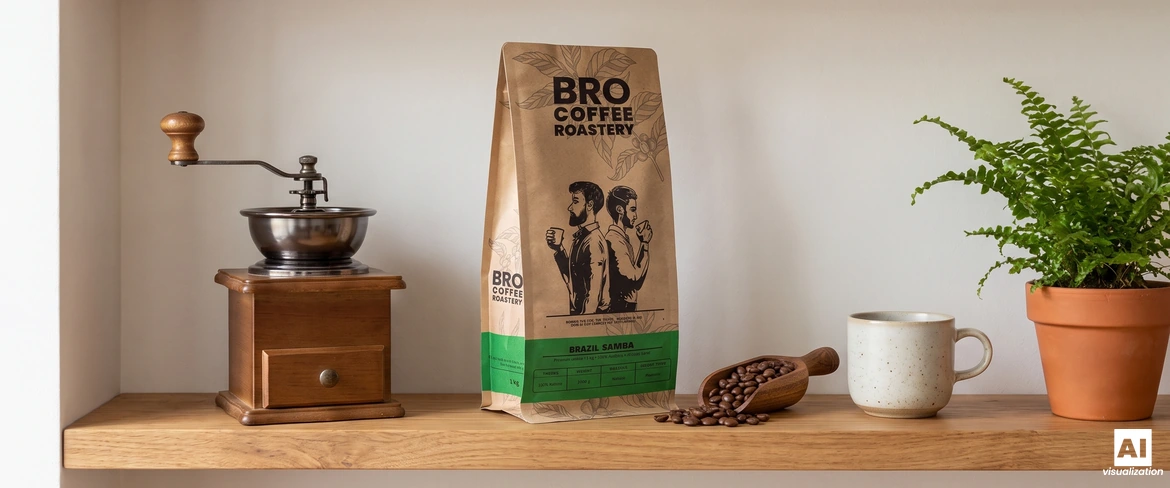 Egy lezárt csomag Bro Coffee Roastery Brazil Samba kávé egy polcon, egy kézi kávédaráló és egy csésze mellett.