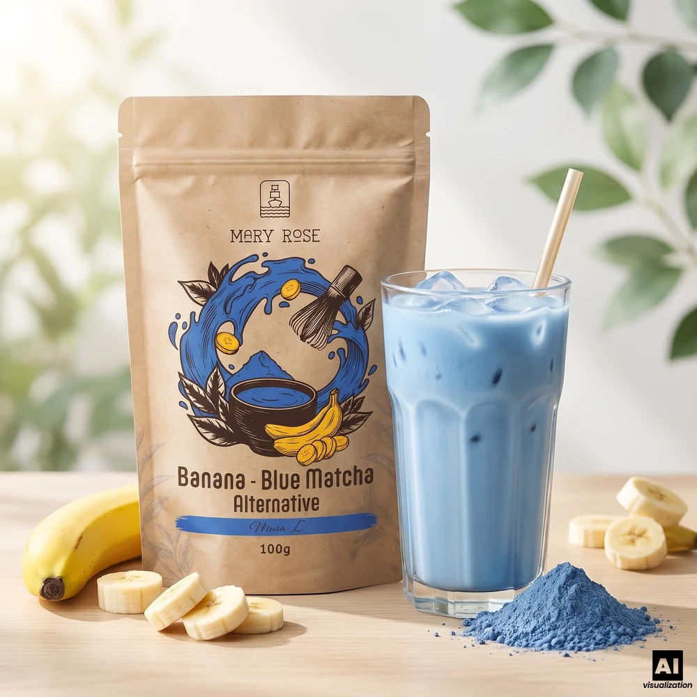 Mary Rose Blue Matcha Alternative – kék matcha banánnal és spirulinával, mellette egy kék jeges latte és egy banán.