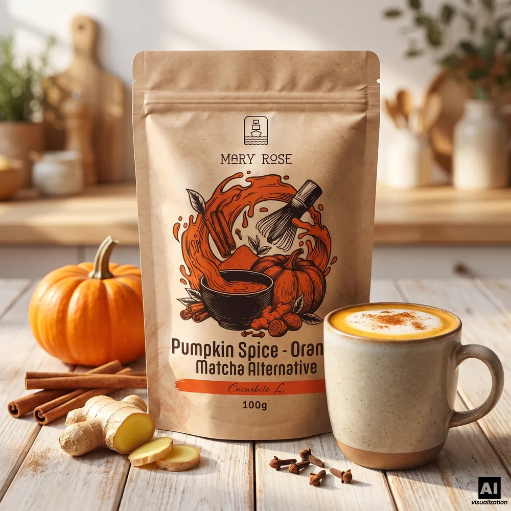 „Mary Rose” narancsos matcha Pumpkin Spice, mellette egy fahéjas latte, egy sütőtök, fahéjas rudacskák, gyömbér és szegfűszeg.
