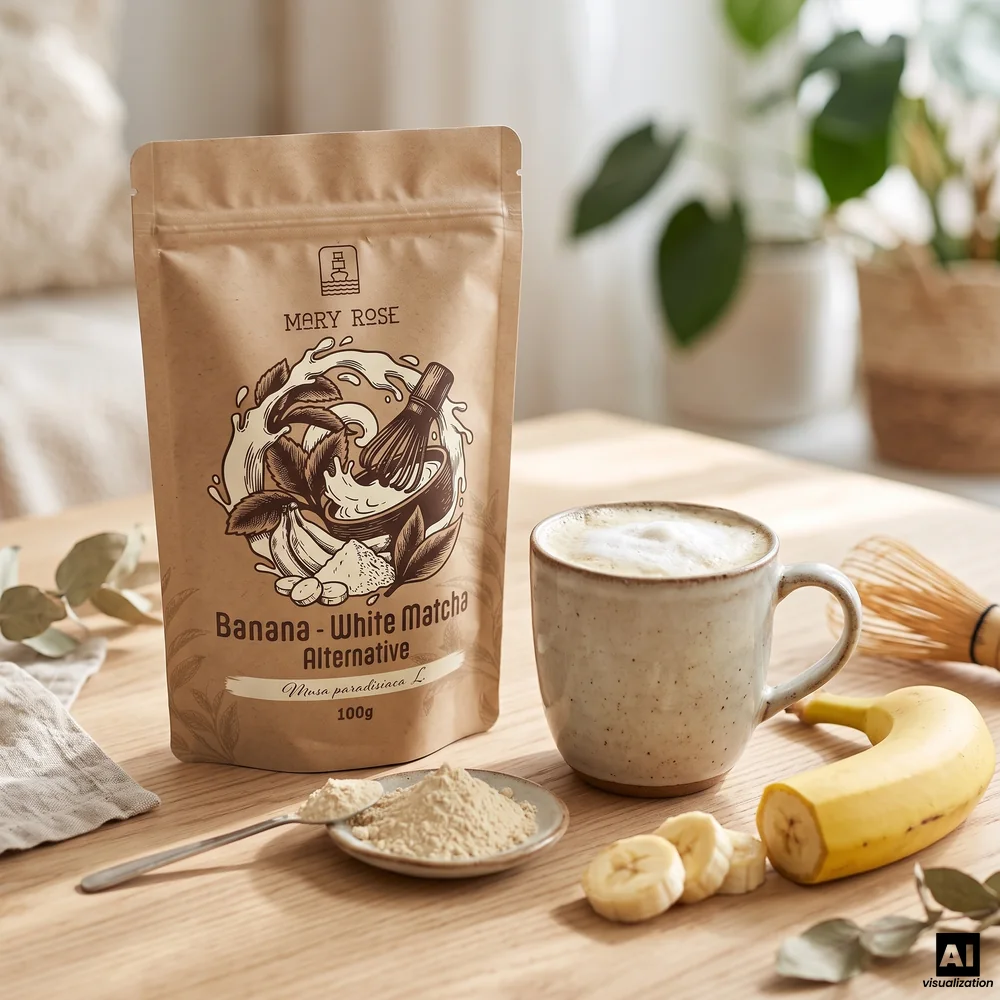 Mary Rose fehér matcha: fagyasztva szárított banánpor, mellette egy bögre krémes banánlatte, egy chasen habverő és egy banán.