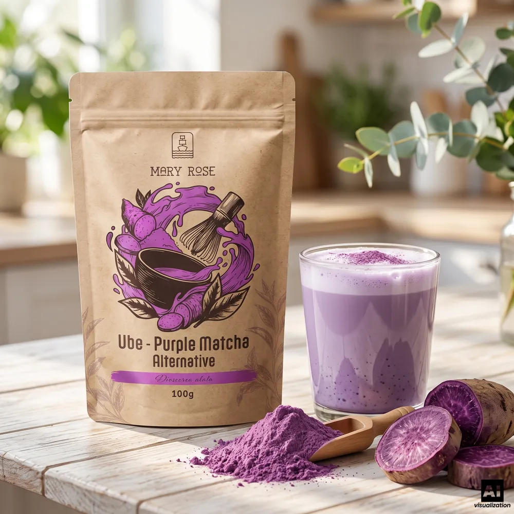 Mary Rose lila matcha: ube-por, mellette egy lila ube latte, por egy fakanálon és lila gumós növény szeletek.