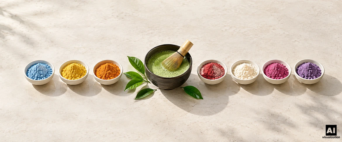 Klasszikus zöld matcha egy tálban, chasen habverővel, mellette pedig színes matcha hét kis tálkában, por formájában.