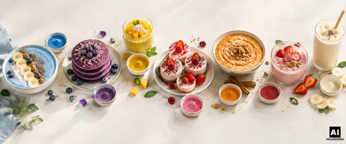 Színes finomságok a konyhában: kék smoothie-tál, lila ube-palacsinta, mangó-puding és rózsaszín mini sajttorták.