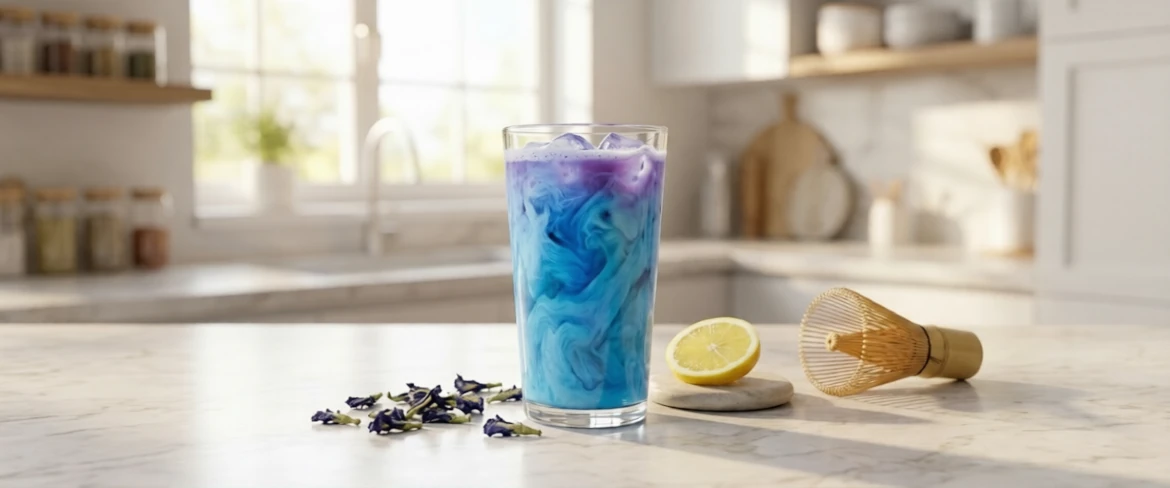 Mi az a kék matcha, és hogyan néz ki? A Clitoria ternatea növényből készült kék matcha citrommal tálalva