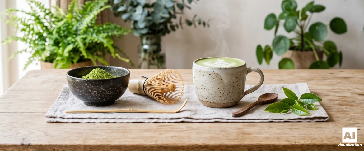 Matcha latte tejjel egy kerámia csészében, egy tálka matcha por és egy bambusz habverő.