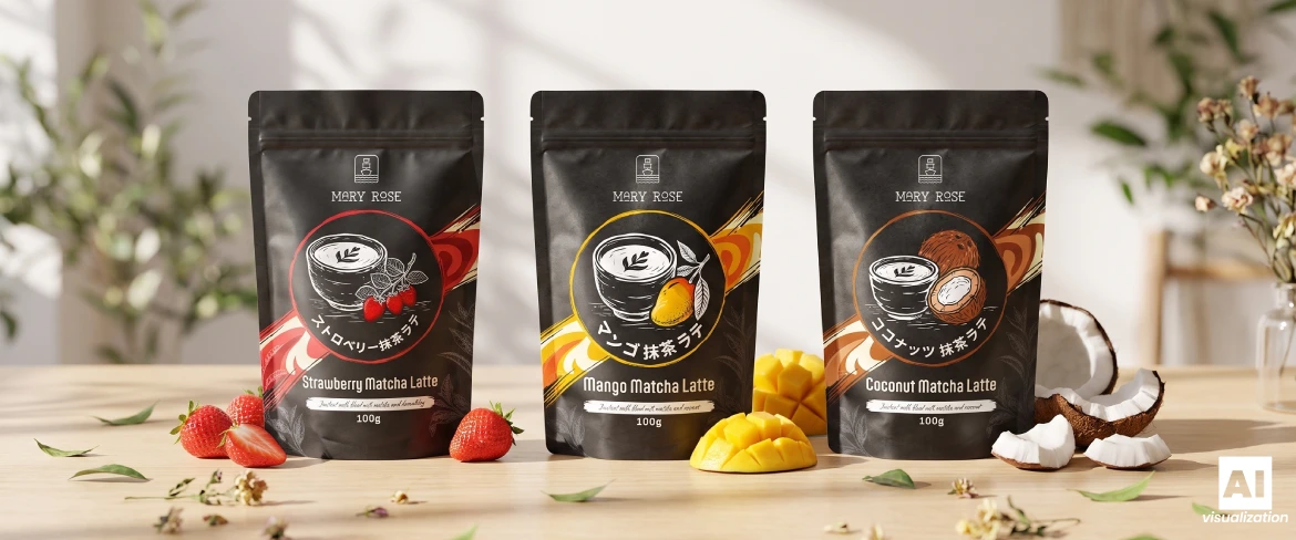 Mary Rose eper-, mangó- és kókuszos matcha latte csomagok egy faasztalon.