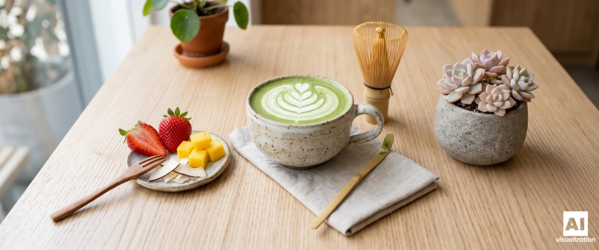 Matcha latte tejjel, egy bambusz habverő, valamint eper, mangó és kókuszdió az asztalon.