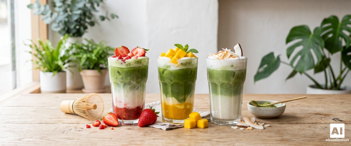 Színes, réteges matcha latték eperrel, mangóval és kókuszdióval, poharakban tálalva.