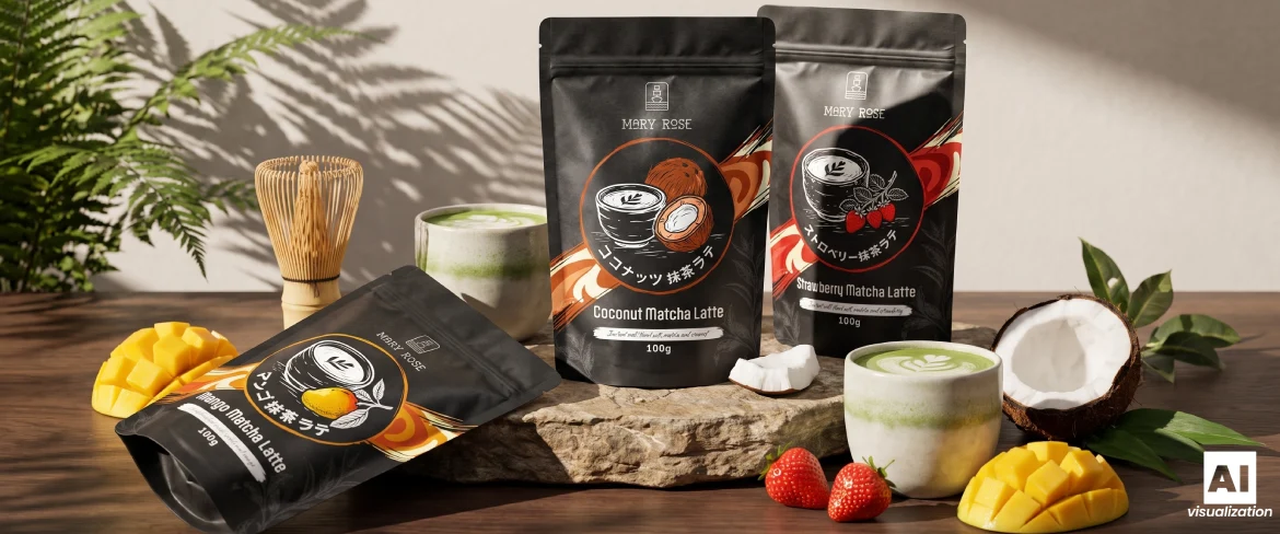 A Mary Rose matcha latte termékcsalád három ízben kapható, egy itallal, gyümölccsel és egy bambusz habverővel.