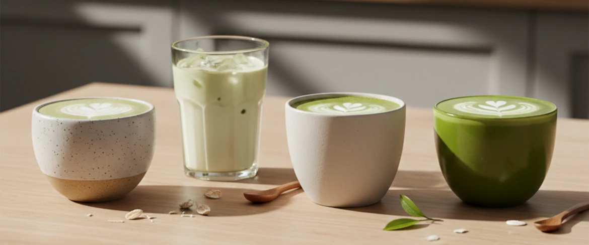 Matcha latte különböző típusú tejjel – zabtejjel, kókusztejjel és mandulatejjel