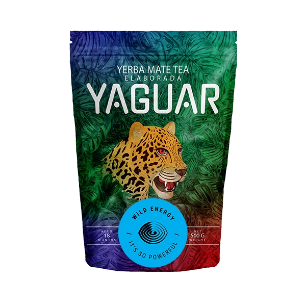 Erős argentin yerba mate, „Yaguar Wild Energy” doypack csomagolásban.