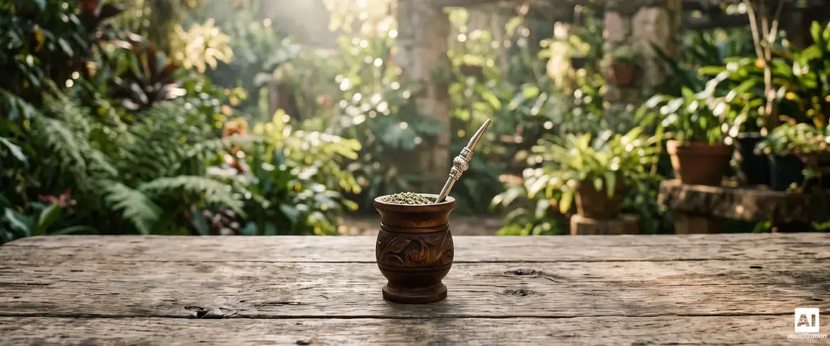 Fából készült mate-tök erős yerba mate-val és egy bombillával, zöld lombozat előtt.